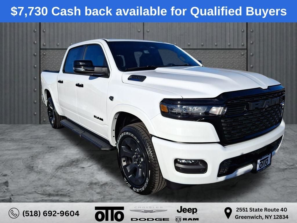 2026 RAM Ram 1500 RAM 1500 BIG HORN CREW CAB 4X4 5'7' BOX in Bright White Clear-Coat Exterior Paint — front three-quarter view