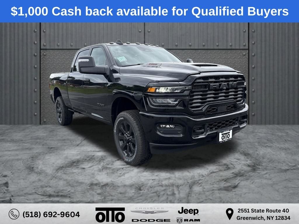 2026 RAM Ram 2500 RAM 2500 BIG HORN CREW CAB 4X4 6'4' BOX in Diamond Black Crystal Pearl-Coat Exterior Paint — front three-quarter view